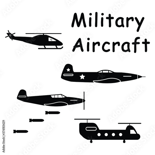 Military Aircraft Planes Helicopter. Pictogram depicting aircraft machines used in aerial warfare such as fighter jets and helicopters. EPS Vector