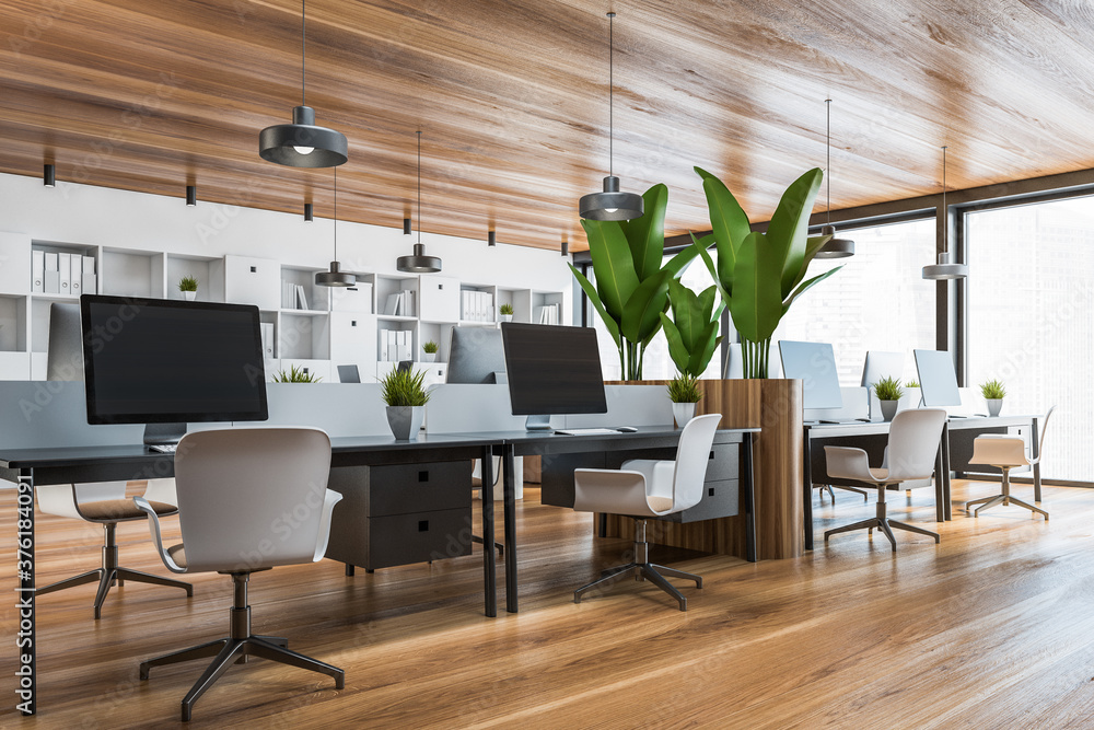 Fototapeta premium Panoramic black open space office corner