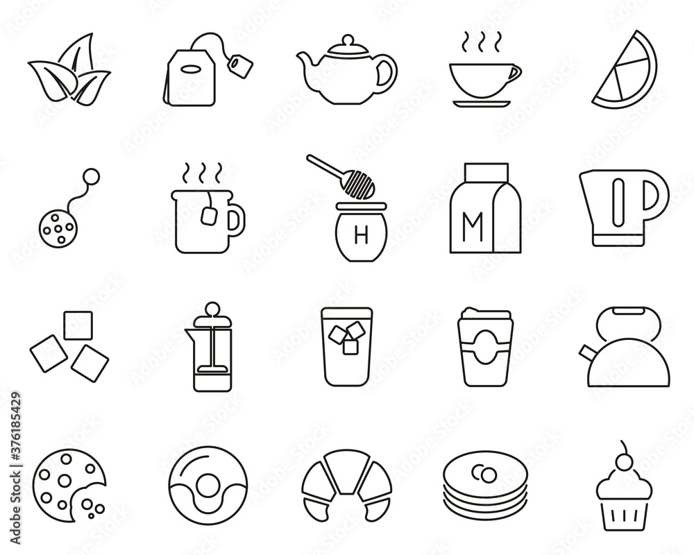 Tea Or Hot Beverage Icons Black & White Thin Line Set Big
