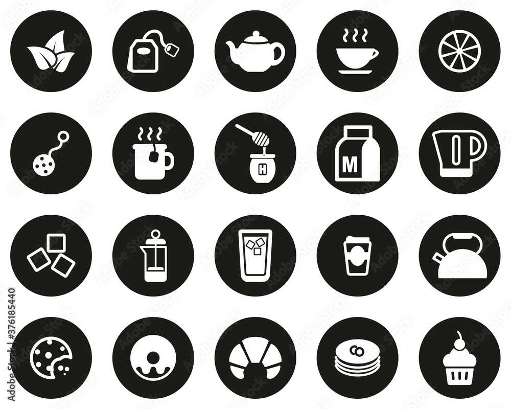 Tea Or Hot Beverage Icons White On Black Flat Design Circle Set Big Tea Or Hot Beverage Icons White On Black Flat Design Circle Set Big
