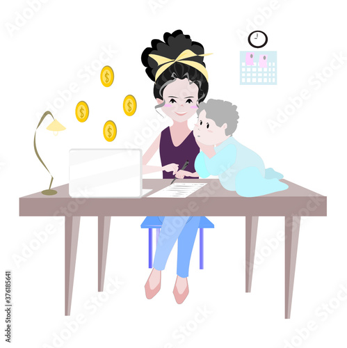Vector illustration business woman working at home. Staying home with self quarantine concept, freelancer mom with laptop and baby on table. Mother's day.