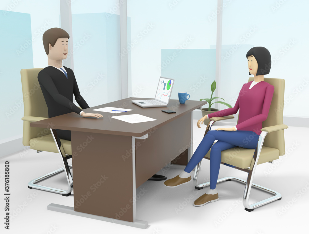 Woman is having the interview to get a job in a company. 3d illustration Woman is having the interview to get a job in a company. 3d illustration