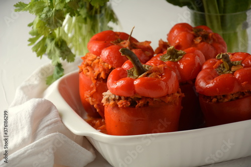 Stuffed red bell peppers with beef meat and rice.