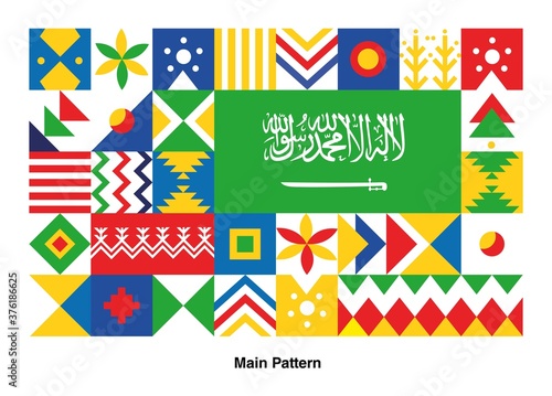 Saudi Arabian Traditional Colors, pattern and design, Saudi Arabian National Day 2020, with Saudi Arabian Flag