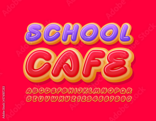 Vector tasty emblem School Cafe. Creative cake Font. Glazed Donut Alphabet Letters and Numbers set