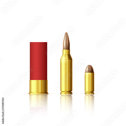 Different types of cartridges. Realistic bullet and cartridge. Vector illustration isolated on white