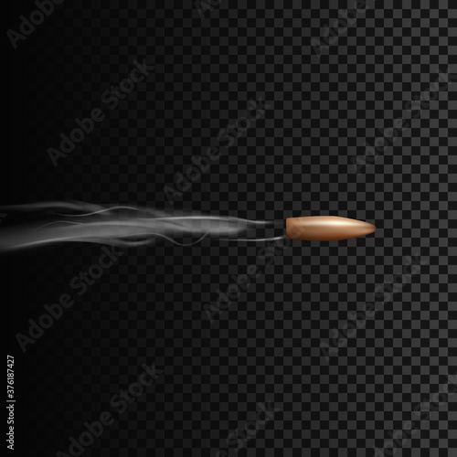 Realistic bullet in motion with smoke effect. Vector illustration isolated on transparent background