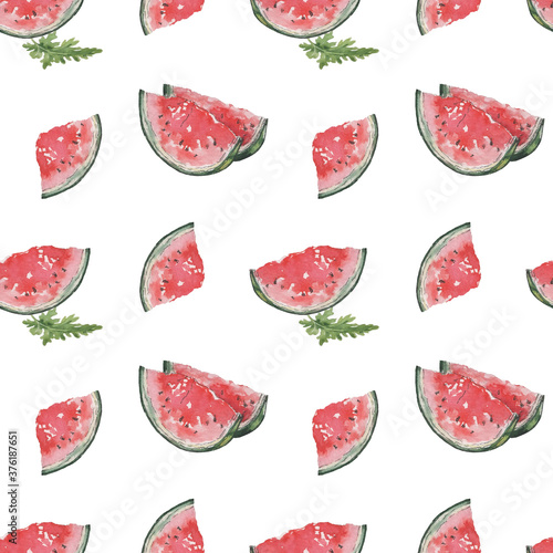 Fototapeta Naklejka Na Ścianę i Meble -  Seamless pattern of slices of red watermelon and green leaves isolated on a white background. Summer composition for the design of postcards, textiles, print, background, banner, decor. Watercolor.