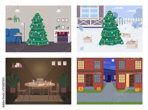 Traditional holiday flat color vector illustration set. Table for hanukkah celebration. Christmas tree. National holiday 2D cartoon interior with interior and landscape on background collection