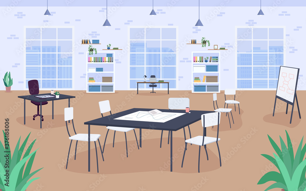 Workplace design flat color vector illustration. Meeting room, study. Work  environment. Work-bench. Open office space 2D cartoon interior with big  windows and bookshelves on background Stock Vector | Adobe Stock