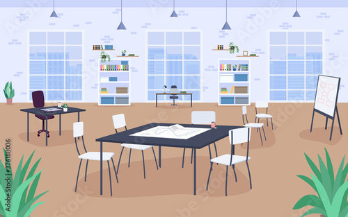 Workplace design flat color vector illustration. Meeting room, study. Work environment. Work-bench. Open office space 2D cartoon interior with big windows and bookshelves on background