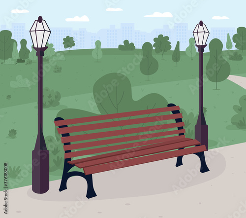 Park bench flat color vector illustration. Public place. Relaxation. Park and recreation ground. Urban scenery. Sunny day outside. 2D cartoon landscape with green scenery on background