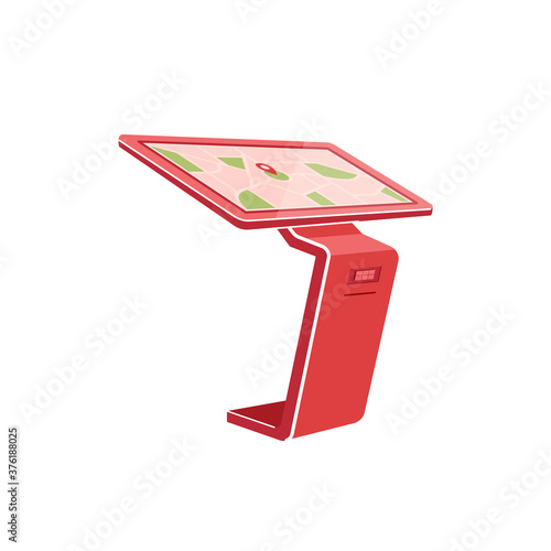 Red self service kiosk flat color vector object. Interactive panel for customer shopping. Monitor for information. Terminal isolated cartoon illustration for web graphic design and animation