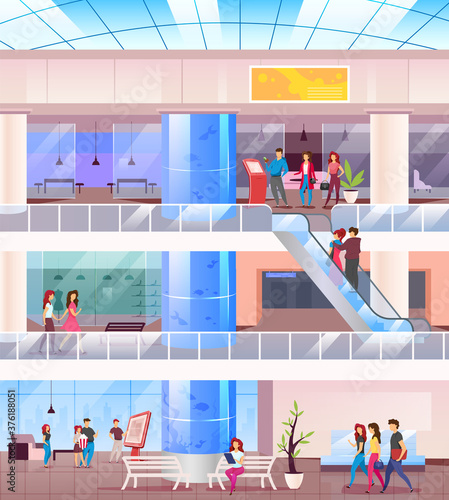 Shopping mall flat color vector illustration. Buyers in center. Supermarket indoors with people on recreation. Shoppers in stores. Hypermarket 2D cartoon interior with characters on background