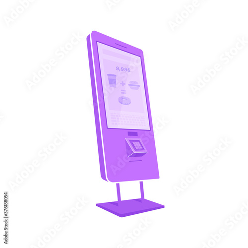Violet self service kiosk flat color vector object. E commerce device with touch screen. Interactive bank terminal isolated cartoon illustration for web graphic design and animation