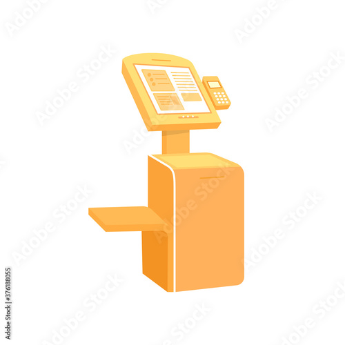 Orange self service kiosk flat color vector object. Device for information and purchase. Automat checkout. Terminal isolated cartoon illustration for web graphic design and animation