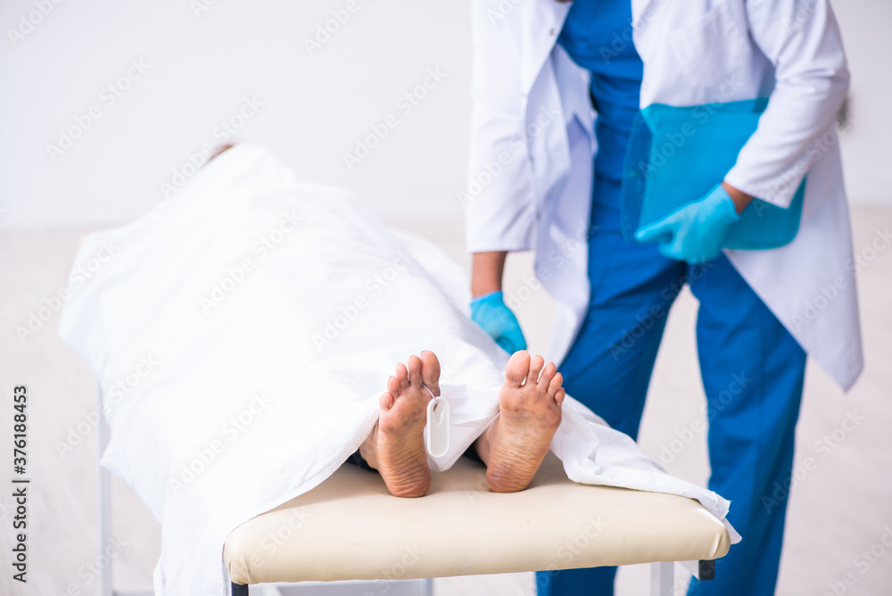 Police coroner examining dead body corpse in morgue Police coroner examining dead body corpse in morgue
