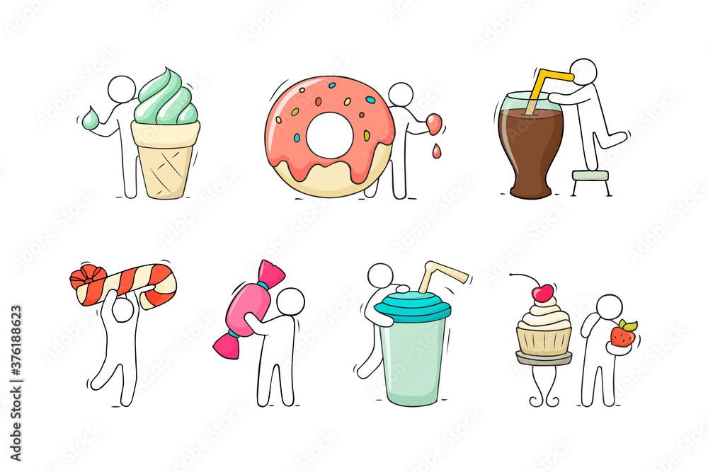 Cartoon set with little people and sweet food Cartoon set with little people and sweet food