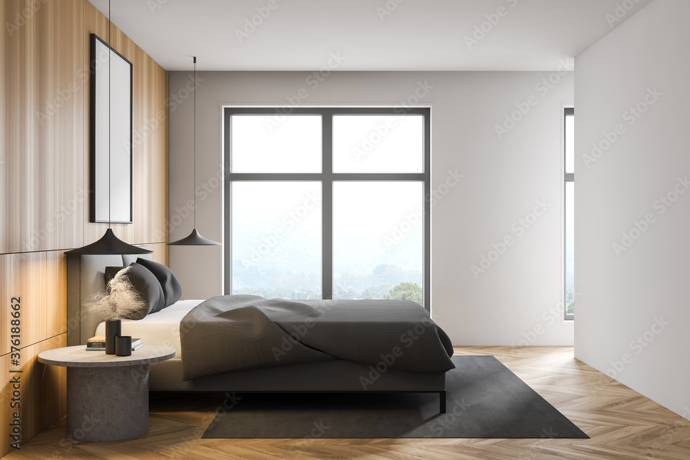 Fototapeta premium Wooden master bedroom with window, side view