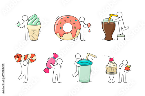 Cartoon set with little people and sweet food