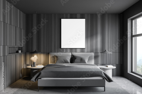 Gray and wooden bedroom interior with poster