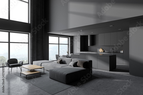 Grey kitchen and living room corner