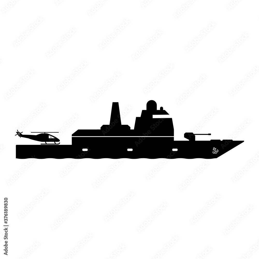 Frigate Warship with Helicopter Dock. Icon Pictogram Depicting Frigate Navy Naval Military War Battership with helipad. Black and White EPS Vector Frigate Warship with Helicopter Dock. Icon Pictogram Depicting Frigate Navy Naval Military War Battership with helipad. Black and White EPS Vector