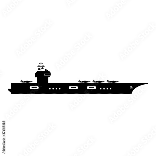Aircraft Carrier Icon Symbol. Clip Art Pictogram Depicting Navy Aircraft Carrier Military War Naval Vessel. Black and White EPS Vector Artwork. 