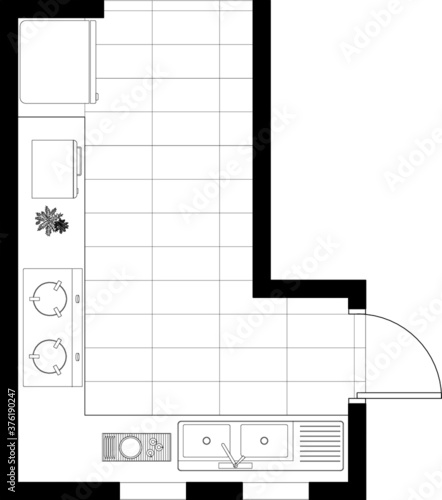 An Image of kitchen plan layout in 2D architectural drawing. Kitchen cabinets and basic kitchen equipment are well arranged. Drawing in black and white. 