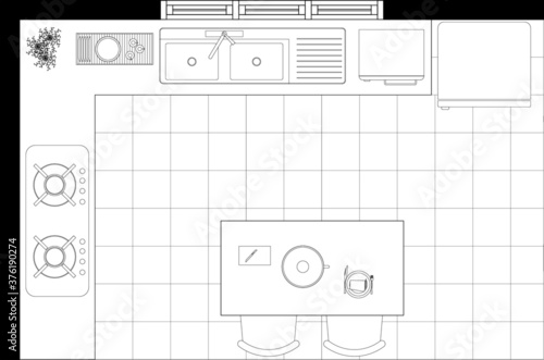 An Image of kitchen plan layout in 2D architectural drawing. Kitchen cabinets and basic kitchen equipment are well arranged. Drawing in black and white. 
