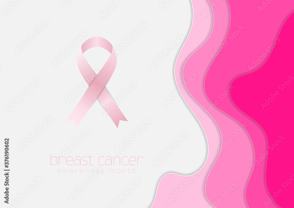 Breast cancer awareness month. Pink paper wavy background and ribbon tape. Women healthcare abstract vector design Breast cancer awareness month. Pink paper wavy background and ribbon tape. Women healthcare abstract vector design