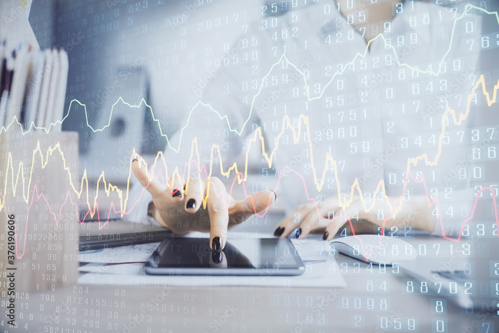 Double exposure of forex chart sketch hologram and woman holding and using a mobile device. Financial market concept. Double exposure of forex chart sketch hologram and woman holding and using a mobile device. Financial market concept.