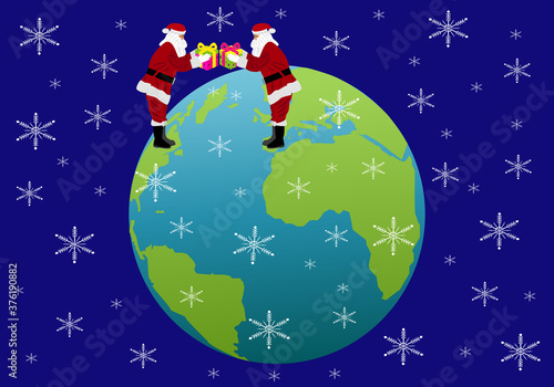 Papás Noël o Santa Claus dándose un regalo desde Europa y EEUU sobre el planeta Tierra y con fondo de copos de nieve o estrellas
