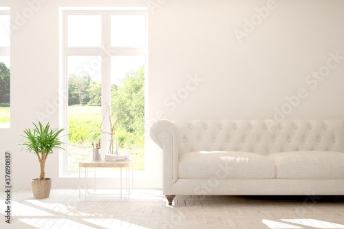 White living room with sofa and summer landscape in window. Scandinavian interior design. 3D illustration