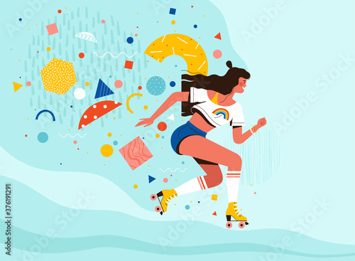 Young cheerful girl is riding retro roller skates. Summer activity and outdoor recreation concept