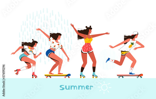 Young happy girls rollerblading and skateboarding. Summer activity, friendship and outdoor recreation concept