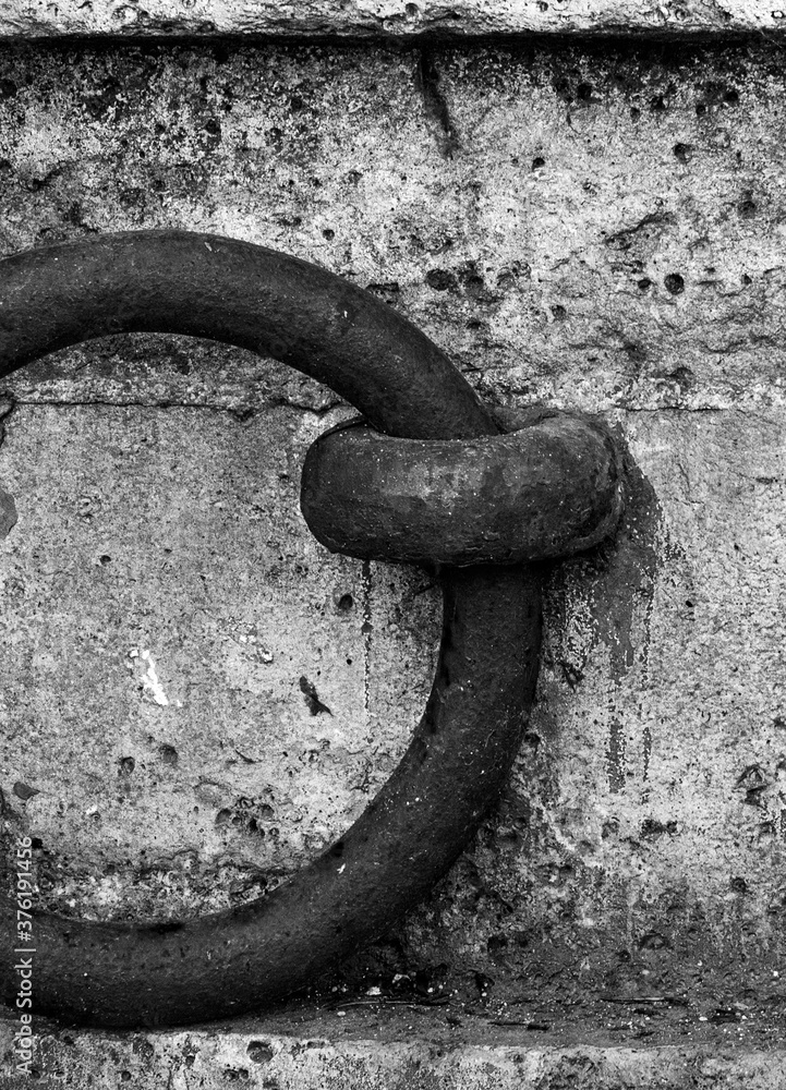 Steel ring for mooring on the waterfront of the River Seine in Paris.