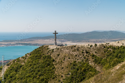 View of Gelendzhik Bay from the height of the Markhotsky ridge in summer.