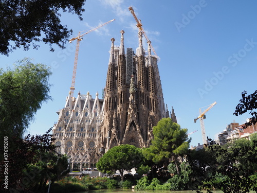 Great cathedral under construction in city of Barcelona in Spain