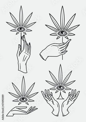 Collection of vector hands holding cannabis leafs that contain an eye at the center of it.