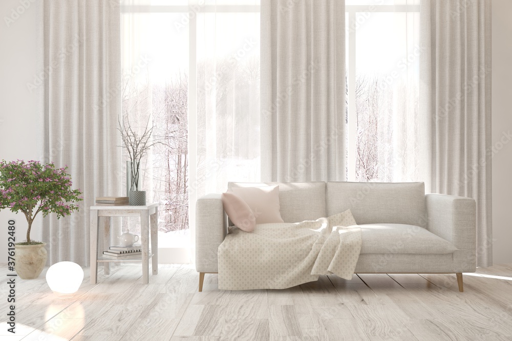 Fototapeta premium White living room with sofa. Scandinavian interior design. 3D illustration