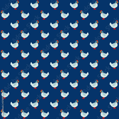 white hen with wings and beak standing with blue background repeat pattern