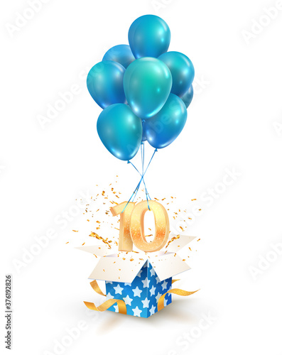 10th years celebrations. Greetings of ten anniversary isolated vector design elements. Open textured gift box with numbers and flying on balloons.