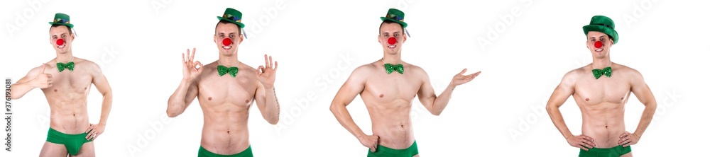 Collage. Young attractive clown. White background. Collage. Young attractive clown. White background.