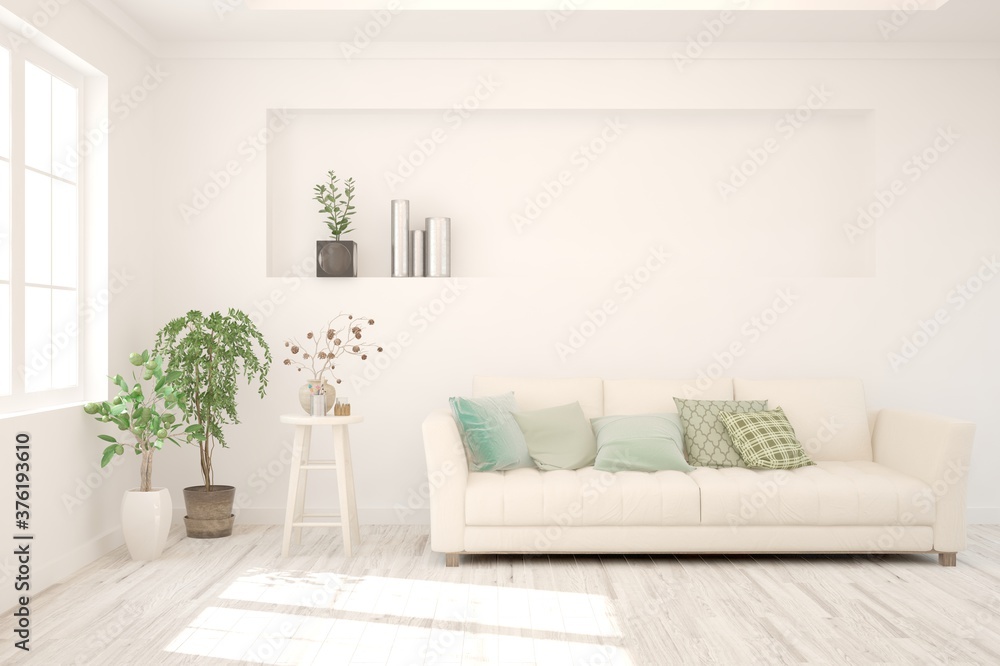 White living room with sofa. Scandinavian interior design. 3D illustration White living room with sofa. Scandinavian interior design. 3D illustration