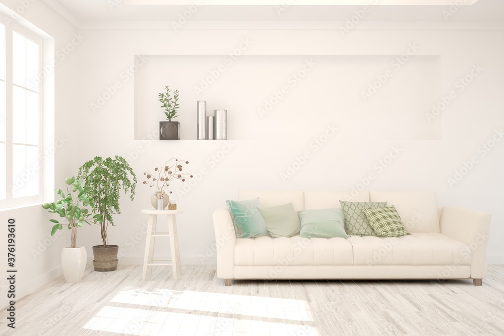 White living room with sofa. Scandinavian interior design. 3D illustration