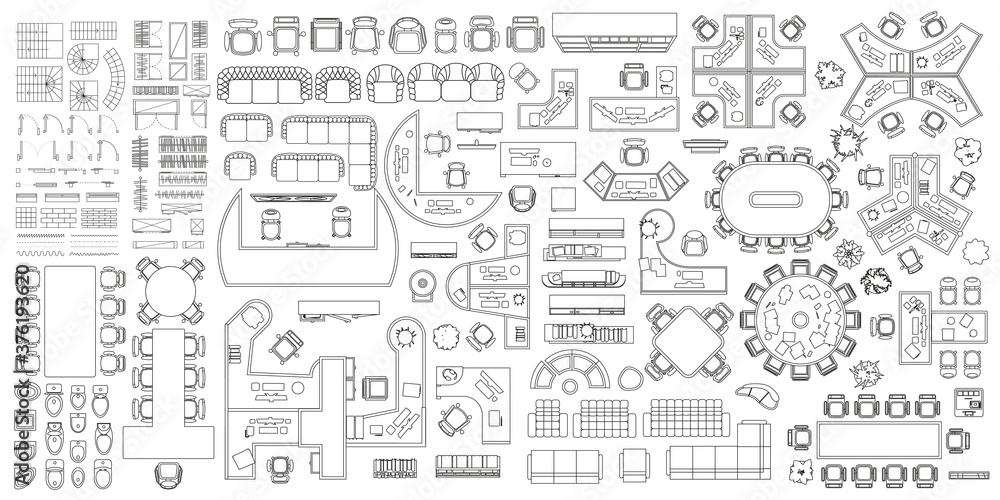 Workspace. Office furniture. (top view) Desks, chairs, cabinets, sofas, computers, conference room, reception. (view from above)