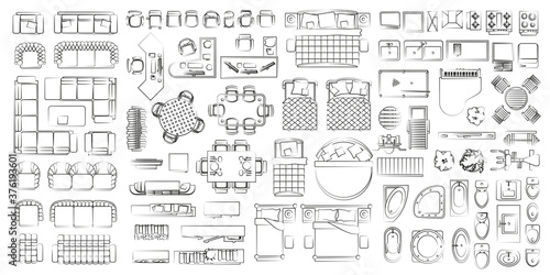 Set of linear icons. Interior top view. Isolated Vector Illustration. Furniture and elements for living room, bedroom, kitchen, bathroom. Floor plan (view from above). Furniture store.