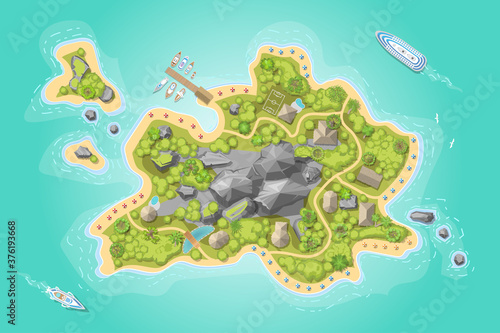 Island top view. Summer vacation. Time to travel - sun, sea, island, sand, yacht, palm. (View from above)