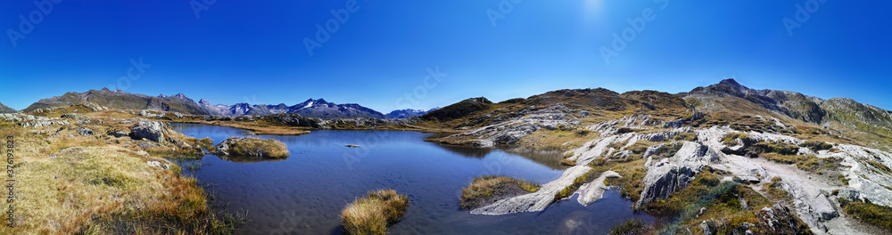 panorama scenery of the swiss alps. Lake at the top of grimsel p panorama scenery of the swiss alps. Lake at the top of grimsel p